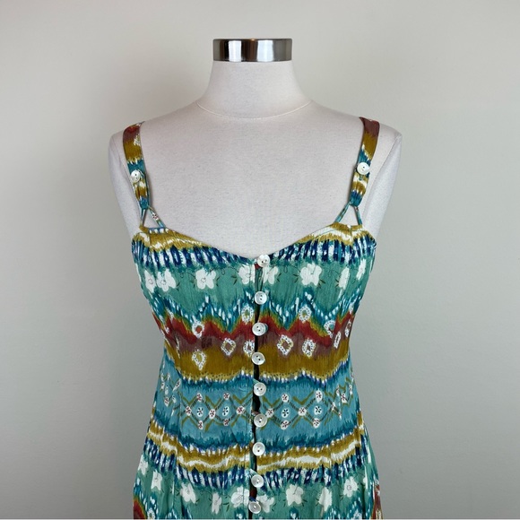Phool Green Blue Brown Geometric Bohemian Button Front Boho Dress Women Medium - Picture 3 of 9
